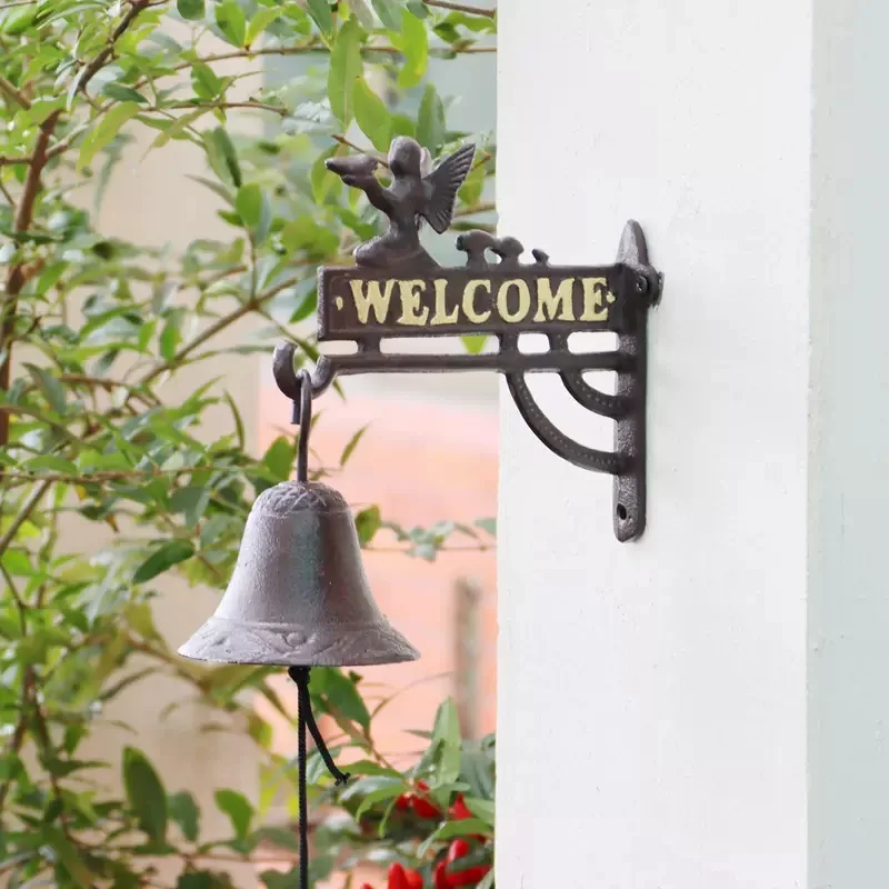 

Black Angel Hand Cranking Welcome Cast Iron Wall Bell With Gold Signs European Outdoor Garden Decor Metal Items Double-sided