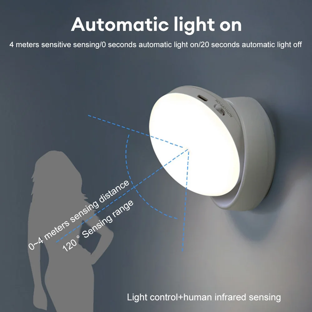 Luz Nocturna LED con Sensor de movimiento PIR, Detector de presencia humana, lámparas de pared recargables por USB, lámpara de noche inalámbrica