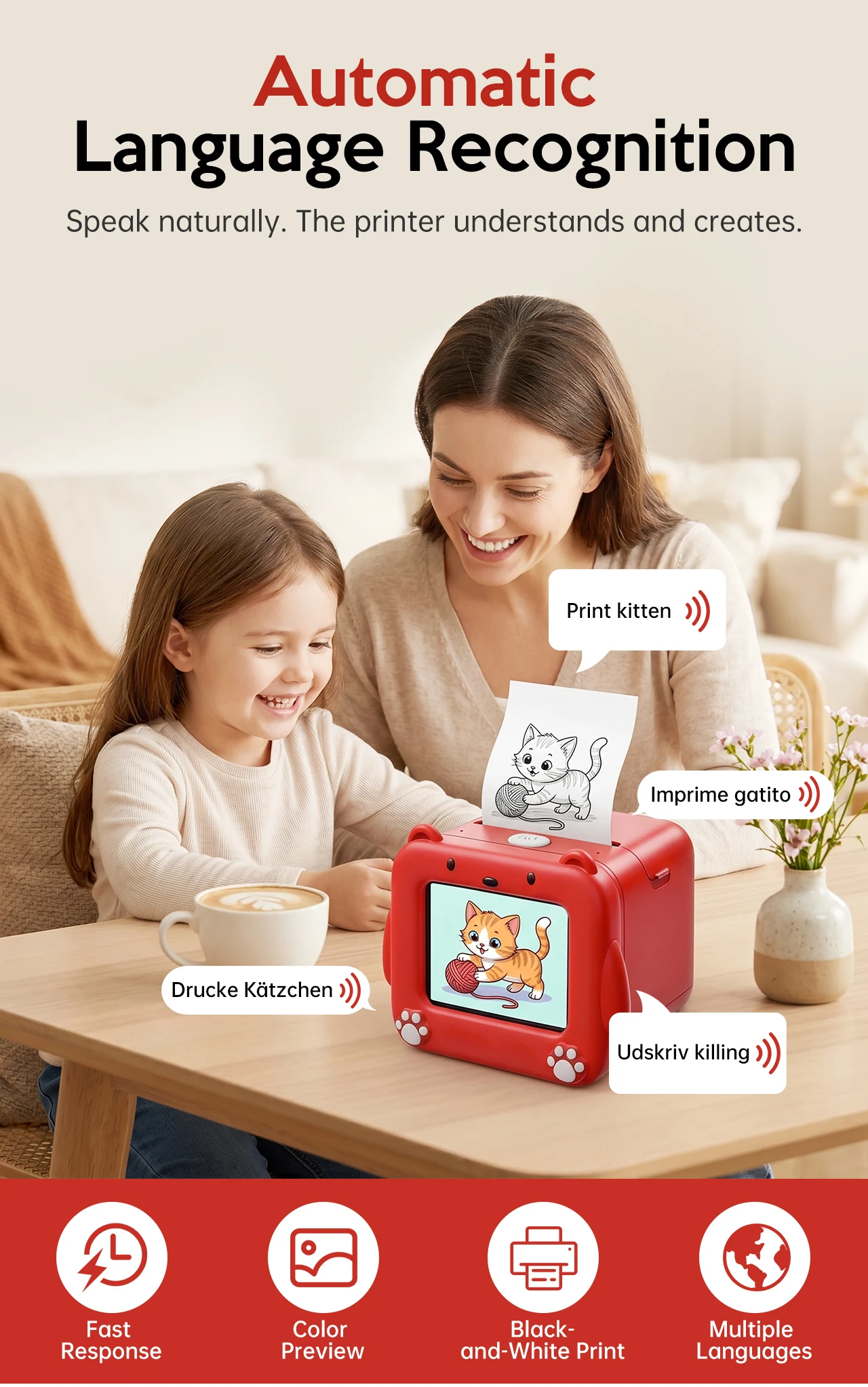 Cute Bear Kids AI Thermal Printer Voice Multi-Language Recognition Bluetooth Inkless Portable Drawing Printer for Children DIY