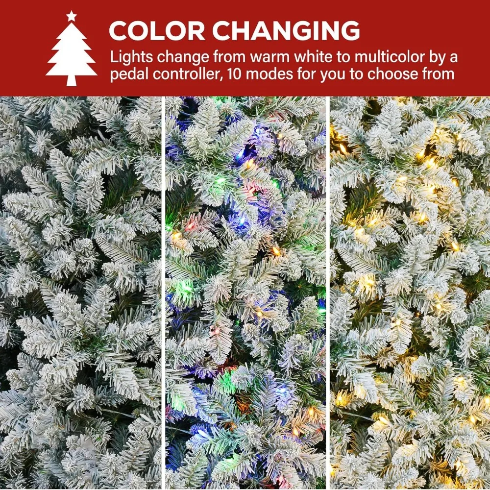 شجرة عيد الميلاد المغطاة بالثلوج بطول 7.5 قدم مع 1446 فروع مفصلية، 450 مصباح LED متغير اللون، بطول 10 أقدام، مضاءة مسبقًا للعطلات