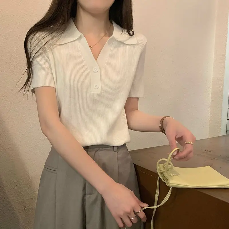 

Knitted Short Sleeve T shirt Women's Fashion Hollow Thin Sweater Top 2025 Summer New Casual Female Solid Knitwear