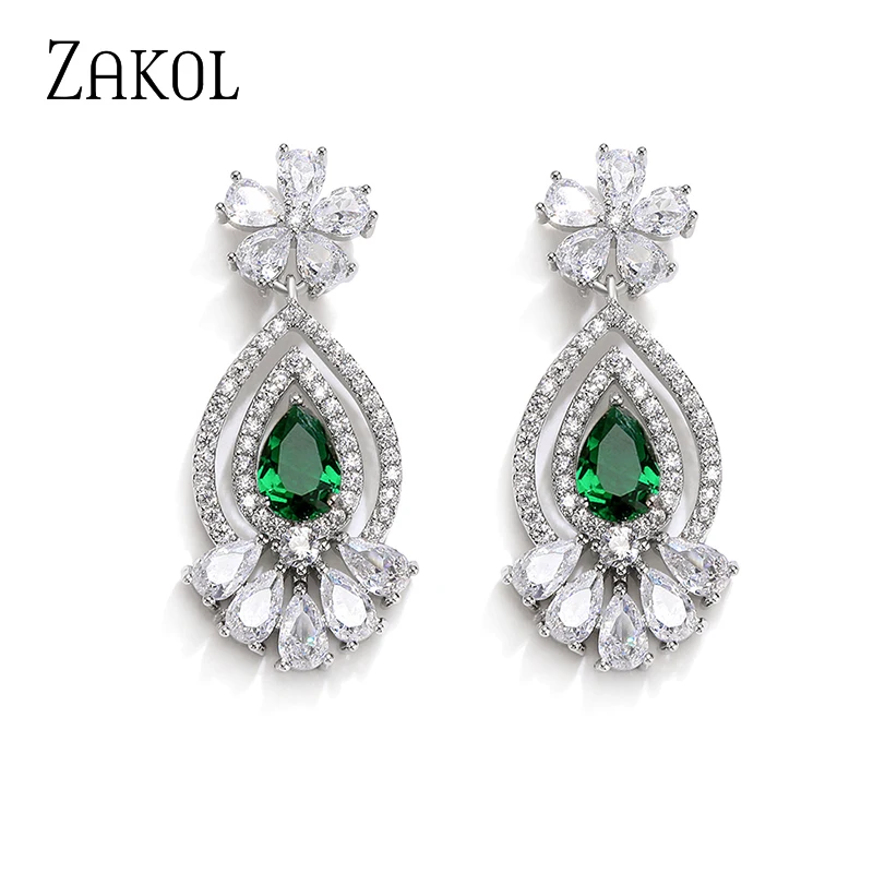 ZAKOL Exquisite Retro Green Teardrop Cubic Zirconia Geometric Flower Dangle Earrings for Women Female Party Jewelry Wholesale