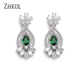 ZAKOL Exquisite Retro Green Teardrop Cubic Zirconia Geometric Flower Dangle Earrings for Women Female Party Jewelry Wholesale