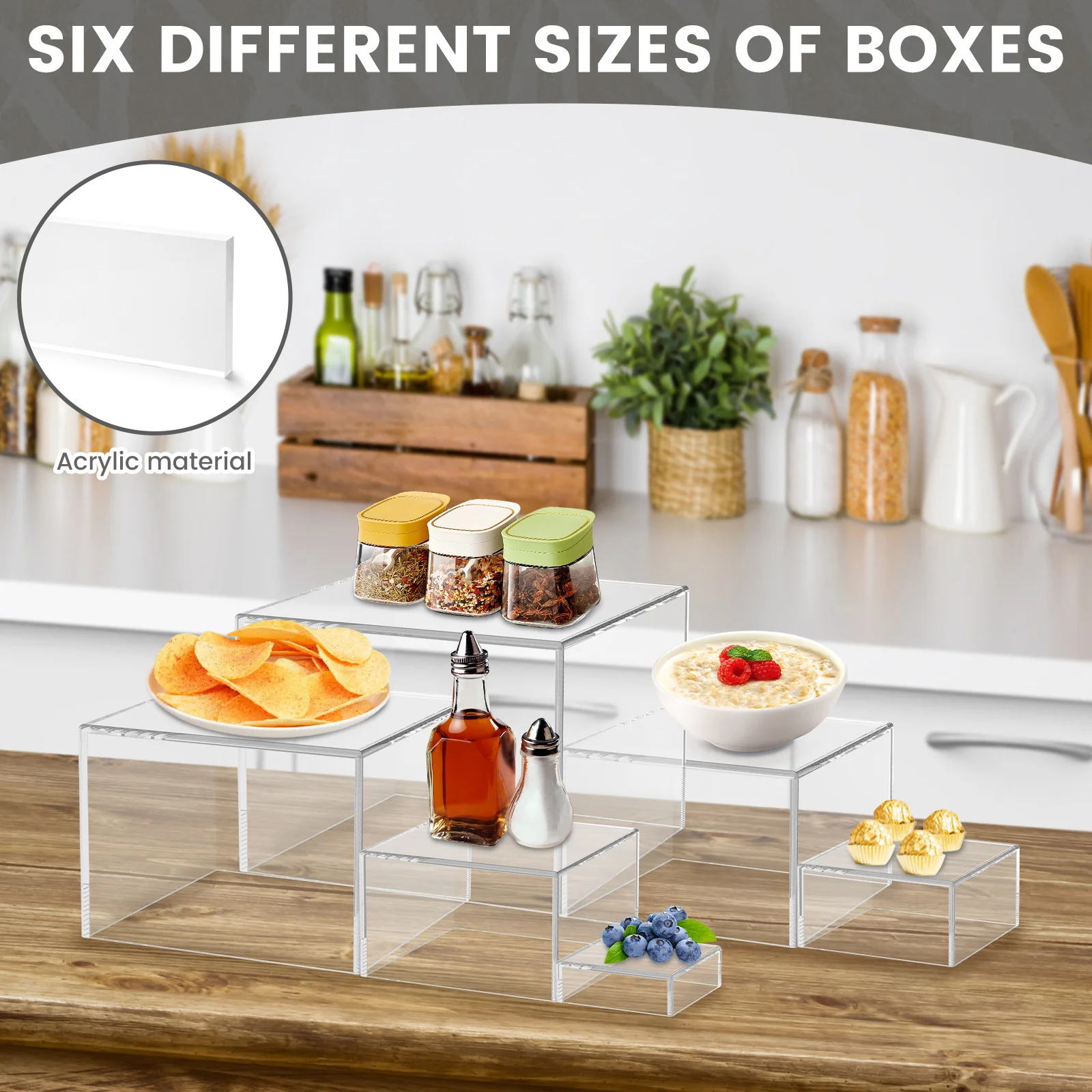 6PCS/Set Buffet Risers Stackable Buffet Stands Reusable Food Stands Acrylic Box 6 Different Sizes Acrylic Box with Hollow Bottom