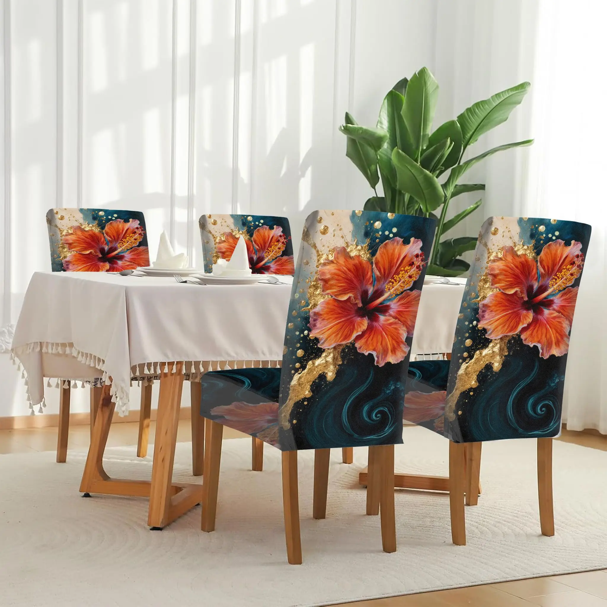 

Elastic Dining Chair Cover Brilliant Blooming Hibiscus Digital Art Pattern Removable, Washable, Home Dining Chair Cover