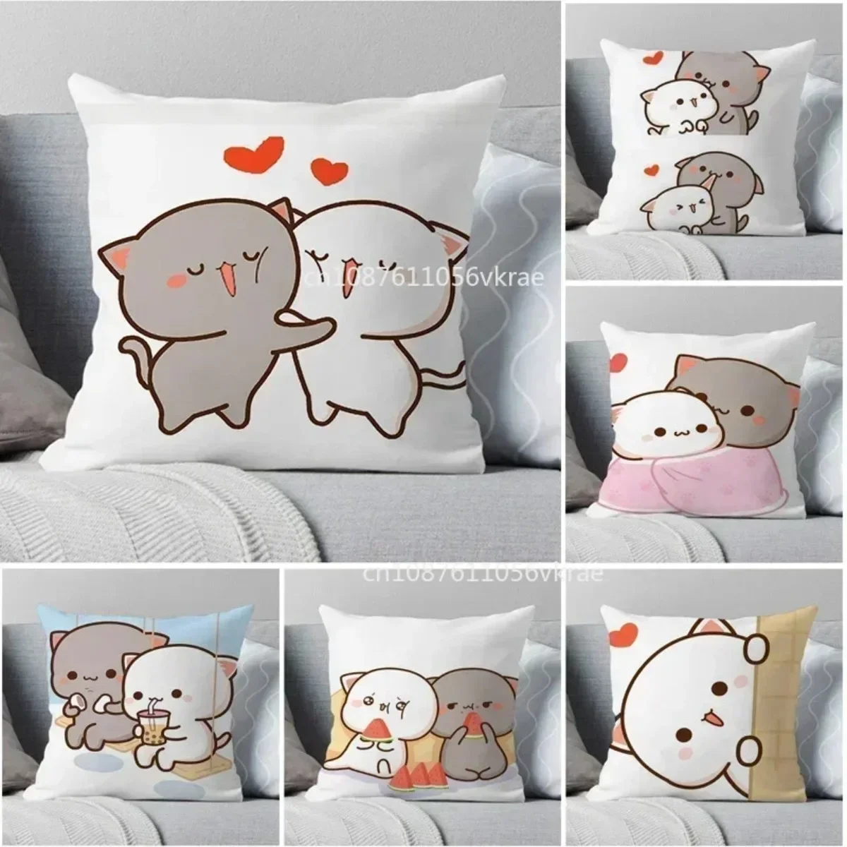 45*45CM Kawaii Mocha Mochi Peach Cat Pillowcases Cute Peach and Goma Throw Pillow Case Home Decor Sofa Car Waist Cushion Cover