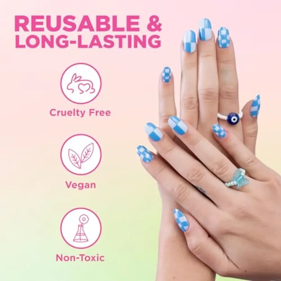 Blue Check PressOn Nails Manicure Kit for LongLasting Beauty 24Piece Set Includes Adhesive Nail File Prep Pads Cuticle Stick Pe