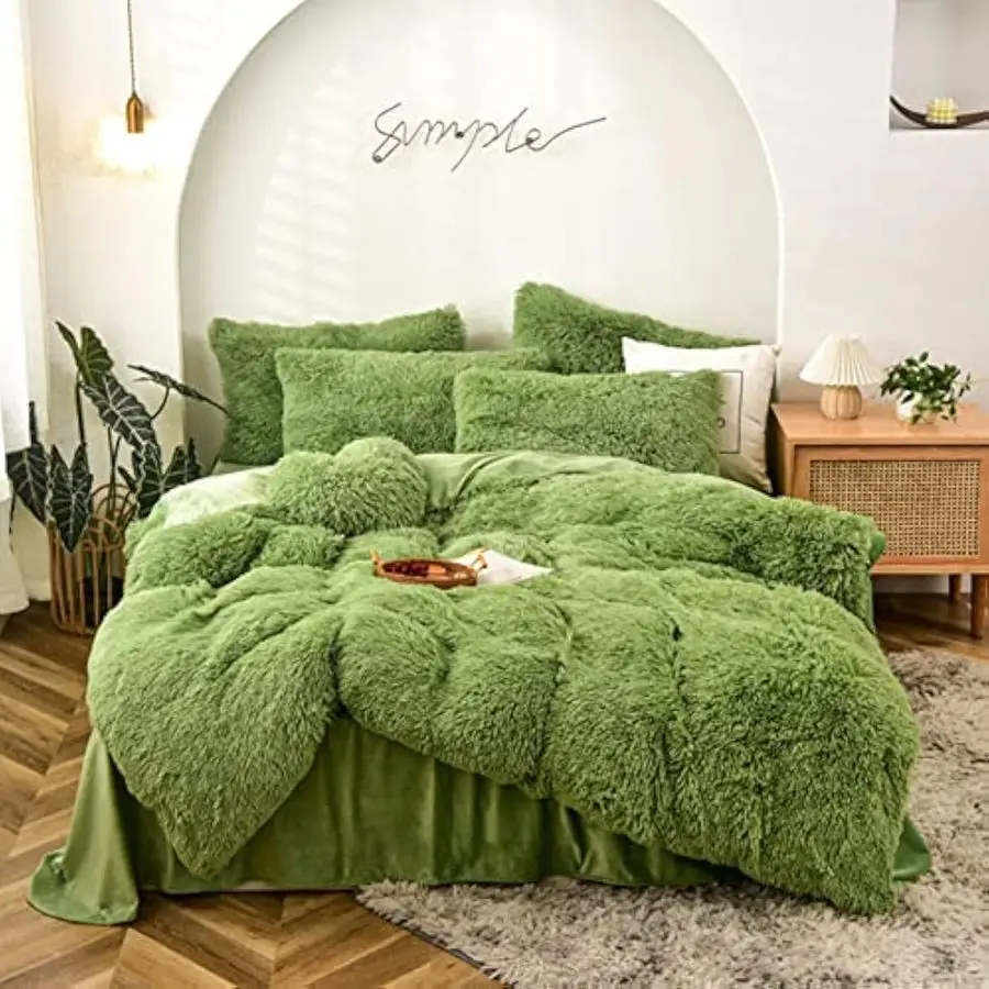 

Duvet Cover Set Full Size Green Ultra Soft Shaggy Fluffy Comforter Cover Set Fuzzy Quilt Cover Set Bedding Set 3Pcs 1Duvet Cover
