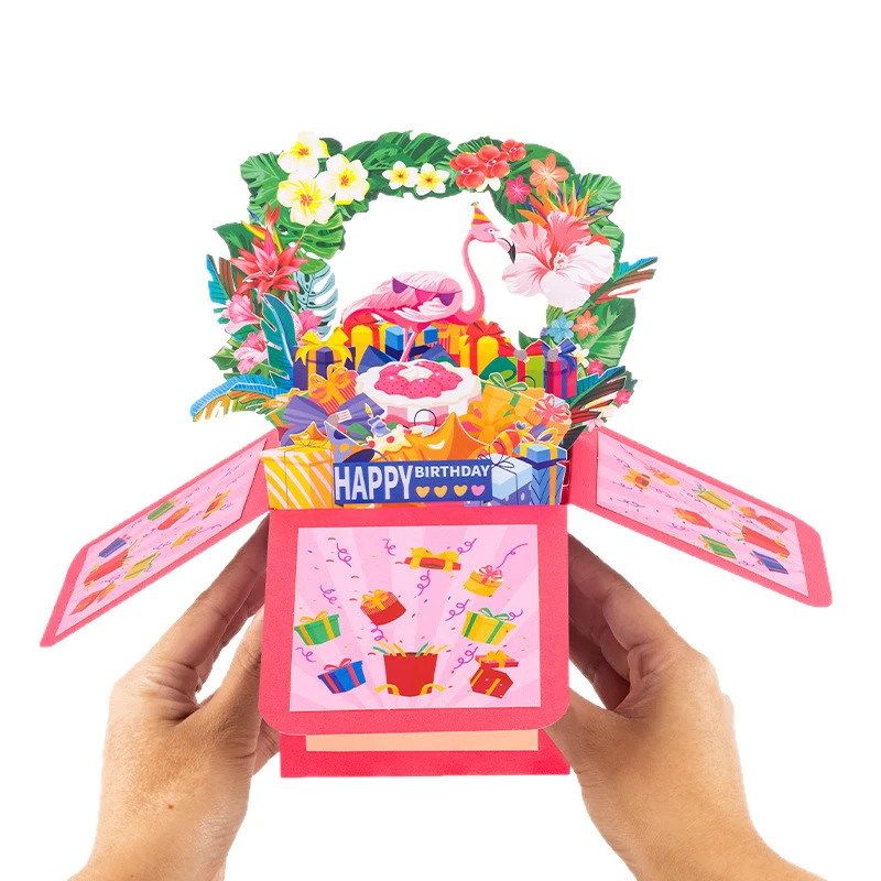 

2Pcs New Square Box Flamingo Magenta “Happy Birthday” 3D Pop-Up Greeting Card Ornament—Creative Gift with Envelope