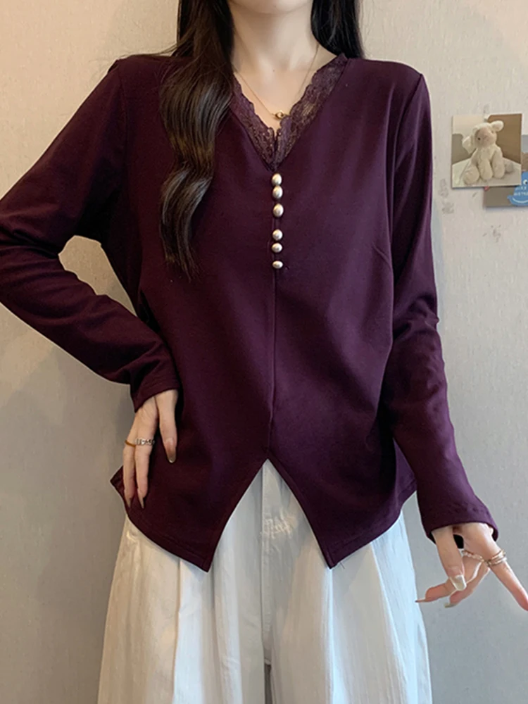 

Женская футболка больших размеров с длинным рукавом, кружевной отделкой, повседневная, приталенная, с V-образным вырезом, для осени и зимы, модная, больших размеров