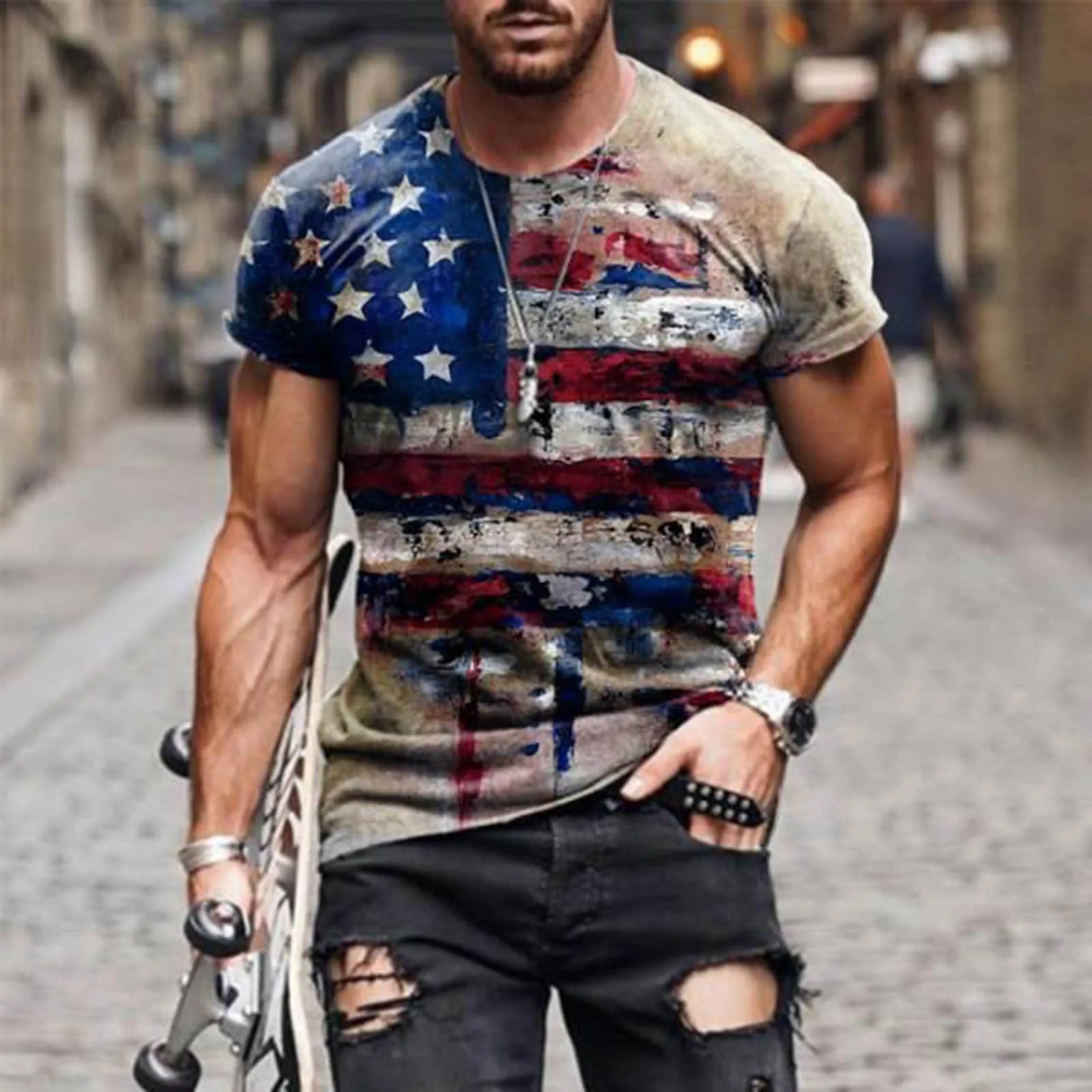 Independence Day Cotton T-Shirts USA Fashion Vintage Spring And Summer Men's Casual Fashion Short-sleeved Printed Retro Shirt