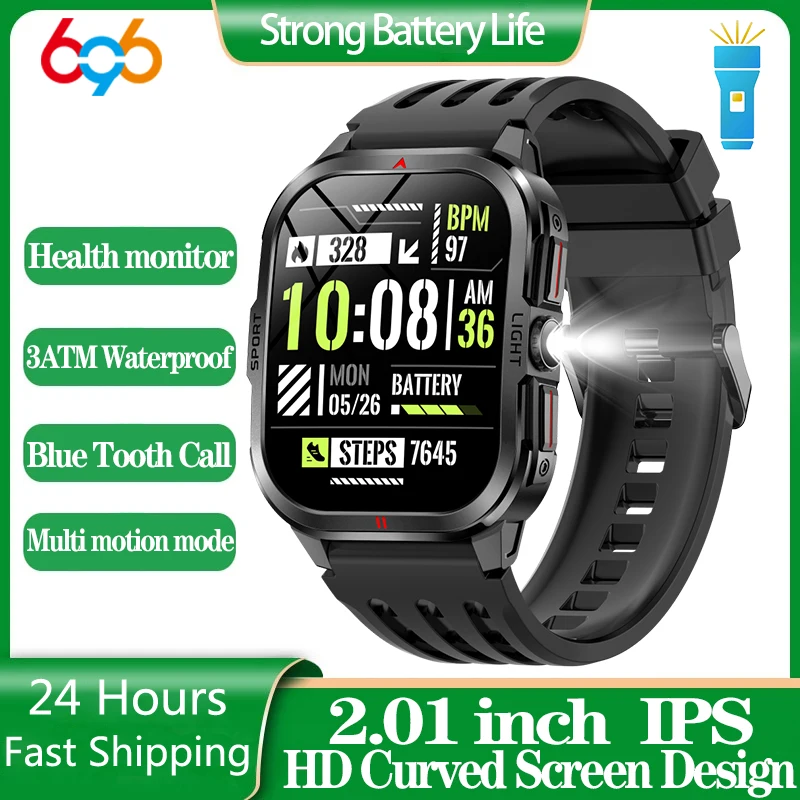 

696 New Outdoor Smartwatches Men Flashlight Wireless Call One Click Answer Large HD Curved Screen Smart Watch Waterproof Sports