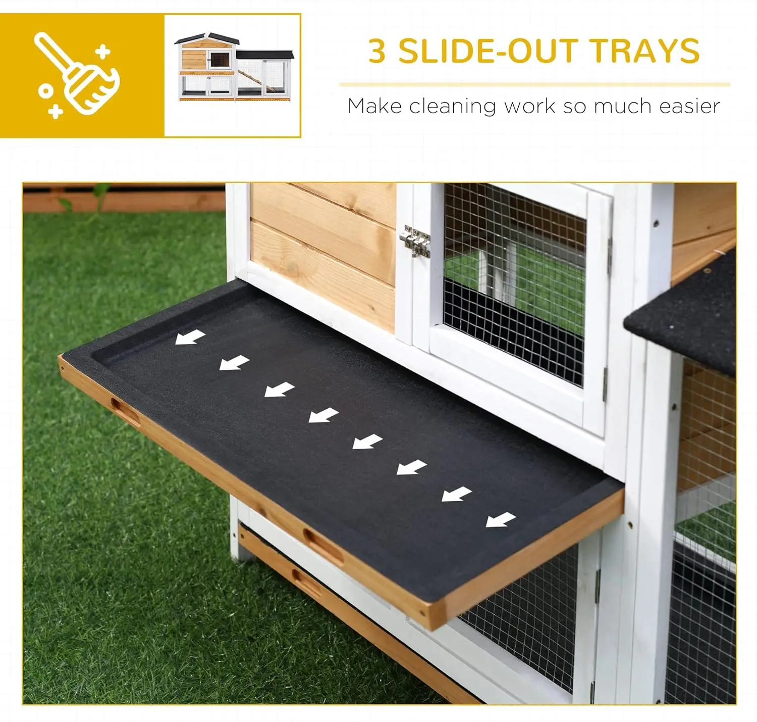 62" Rabbit Hutch, Wooden Bunny Hutch, Guinea Pig Cage, Small Animal Enclosure with Run Area, Removable Tray, Asphalt Roof