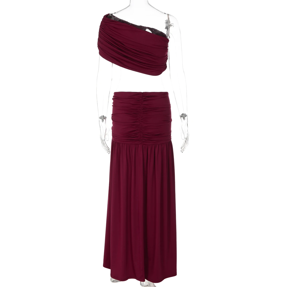 Hugcitar Modische geraffte 2-teilige Sets mit schrägem Kragen, sexy Crop-Tank-Top, Patchwork, plissierter Maxirock, weibliche Strand- und Urlaubsoutfits – Detail 4