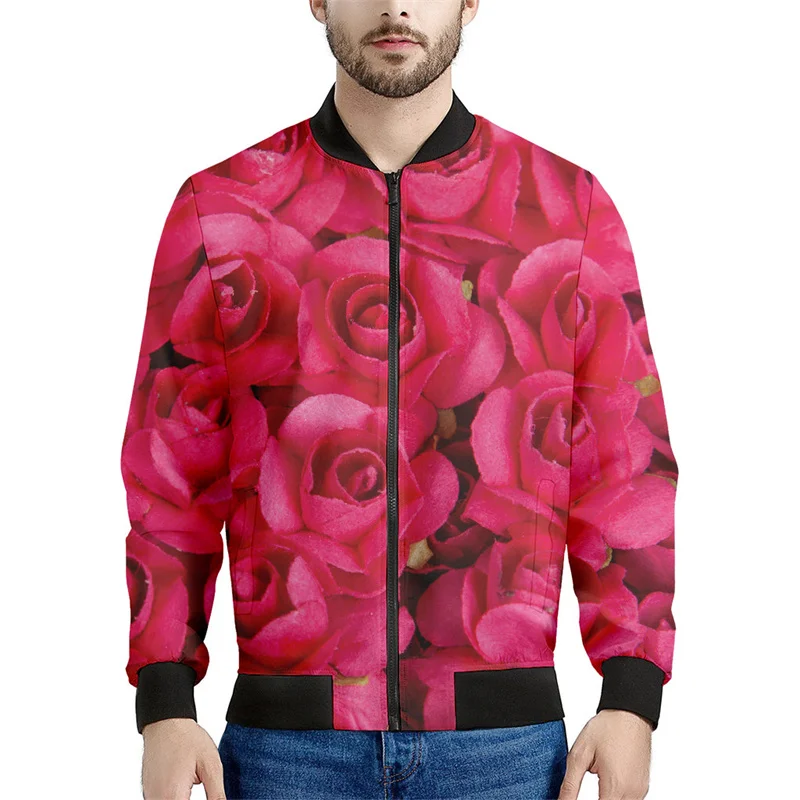 Rose Flower 3d Printed Men's Bomber Jacket Spring Autumn Floral Graphic Sweatshirt Women Tops Street Long Sleeves Zipper Coat