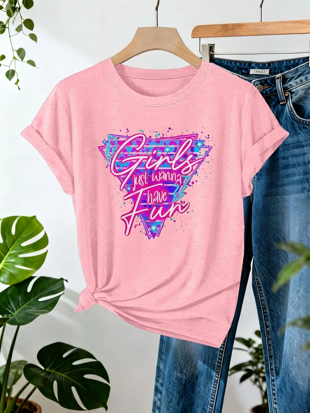 Damen Retro 80er Neon T-Shirt mit „Just Wanna Have Fun“-Grafik, Rundhalsausschnitt, Lässiges Oberteil mit Geometrischem Druck, Casual-Kleidung – Detail 13