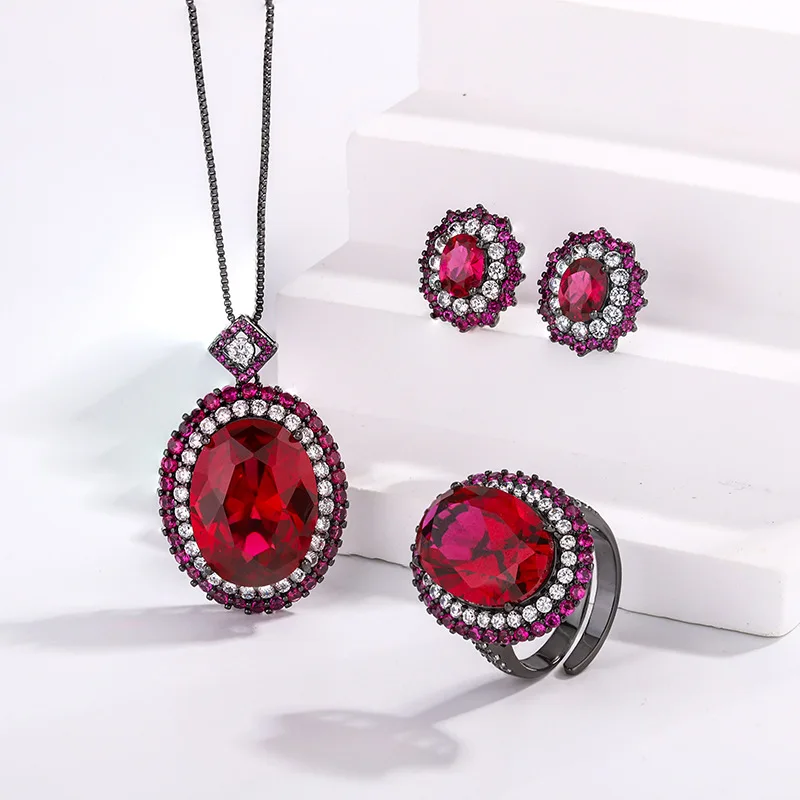 

New Jewelry Gold Plated Red Corundum Black Gold Set Female 15*20-13*18