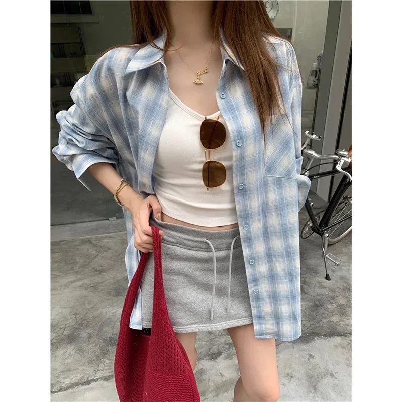 

Женская рубашка в клетку с длинными рукавами и лацканами, повседневный свободный крой, солнцезащитный кардиган, топ без рукавов Juniper на лето