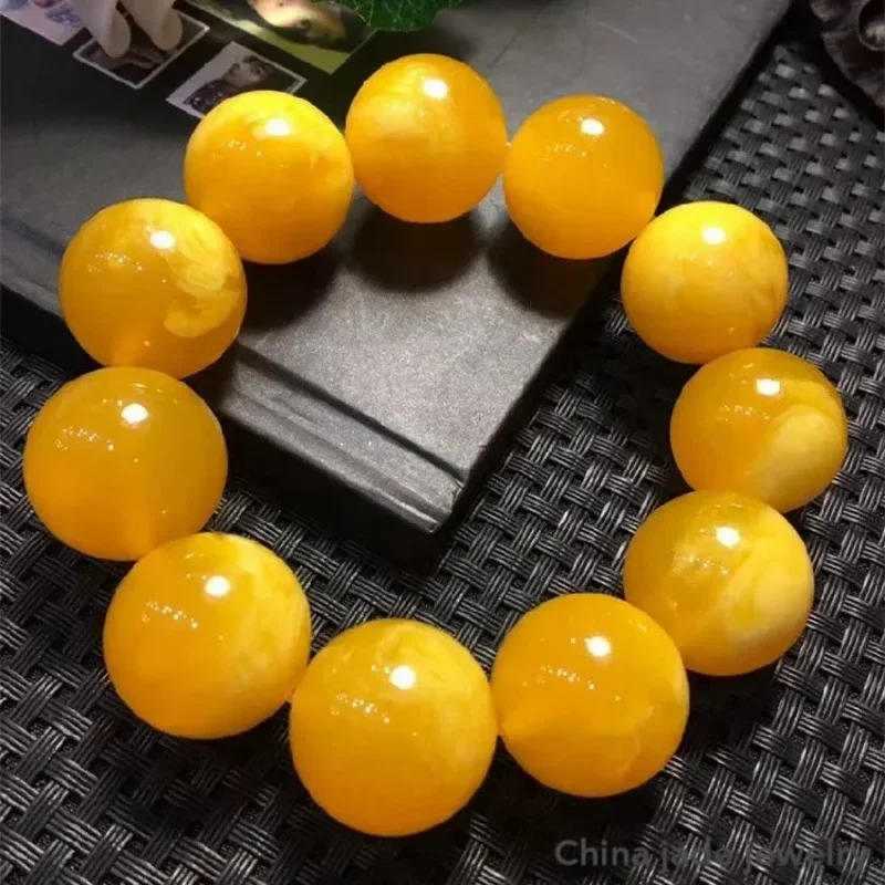 High Quality Natural Baltic Amber Elastic Large Bracelet Men Women Yellow Old Beeswax Beads Beaded Bracelets Jewelry Accessories