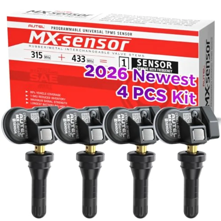 

TPMS Sensors Set of 4, MX-Sensor 2in1 315MHz+433MHz Tire Prure Sensor, Universal Rubber Stem Programmed by TS408 TS508 WF TS601