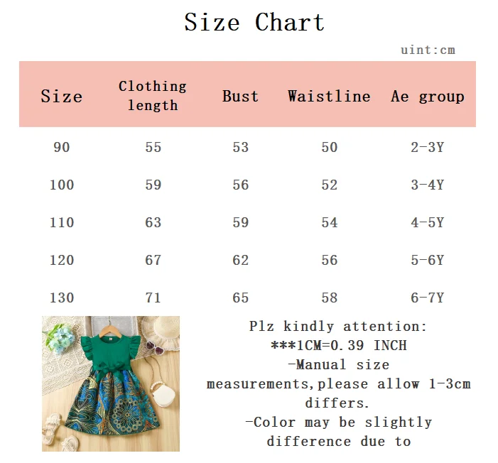 Sommerliches Mädchenkleid mit Rundhalsausschnitt und Pfauenmuster, modisches Kleidungsstück, geeignet für Freizeitkleider für Mädchen im Alter von 2 bis 7 Jahren. – Detail 7
