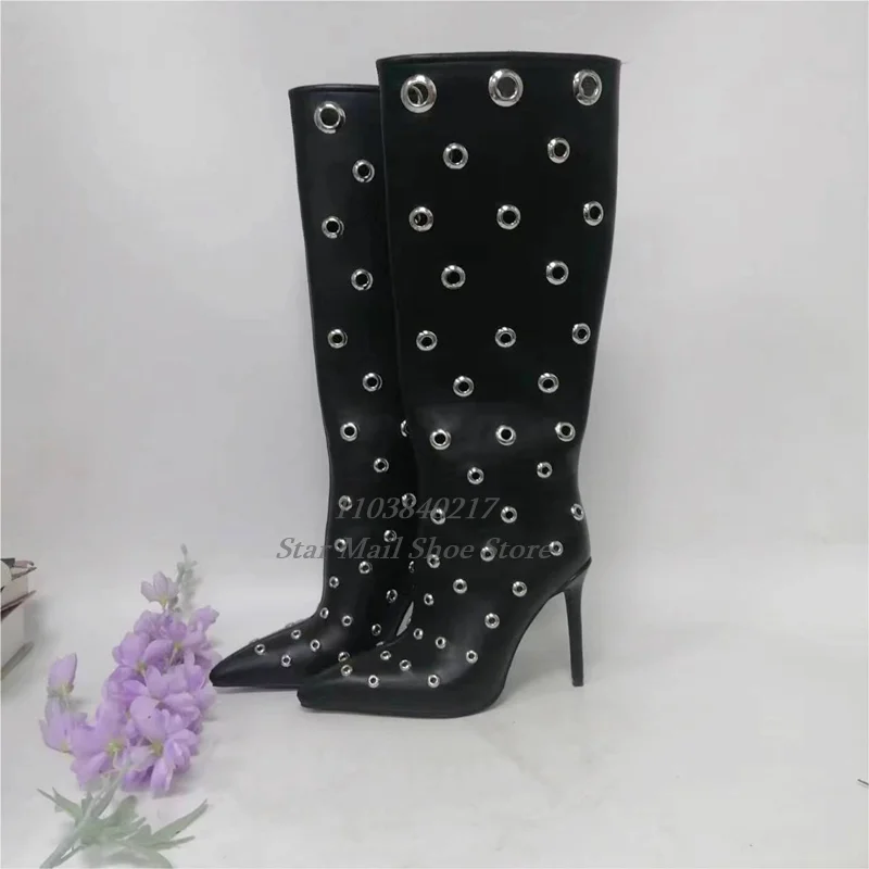 

Sexy Black Patent Leather Fish Eye Hollow Personalized Women Boots Pointed Toe Stiletto Heeled Fashion Metal Buckle Hollow Boot