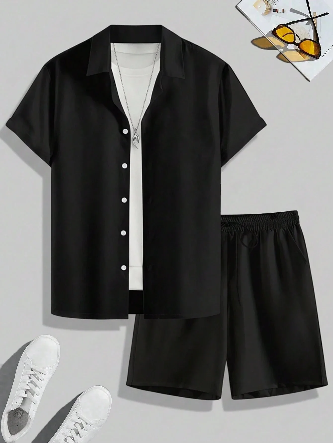 Men Plus Size 2 Piece Set Black Short Sleeve Shirt And Shorts Casual Outfit