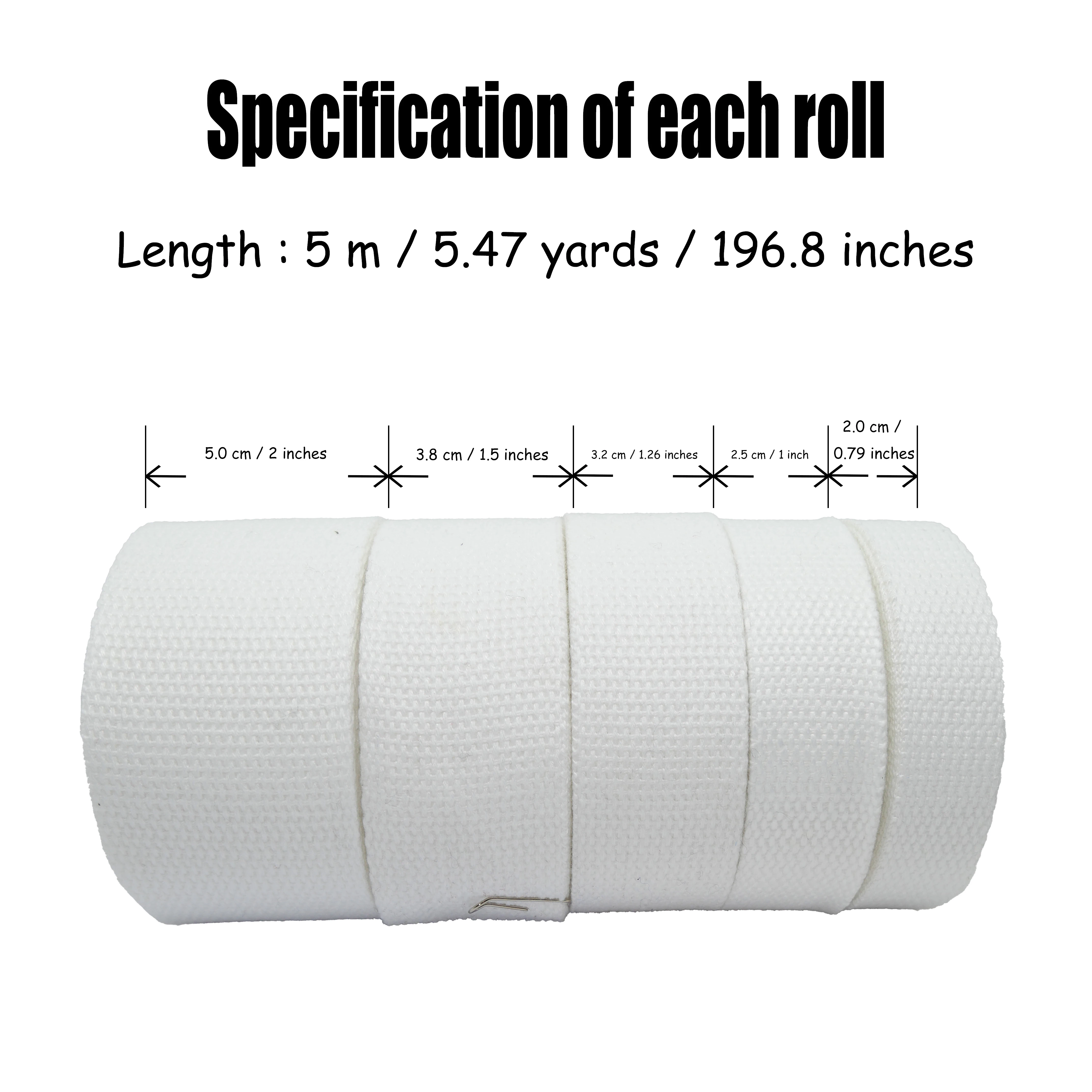 Polyester cotton white woven tape with 5 m in length and 5 widths to choose from, suitable for handmade and DIY projects