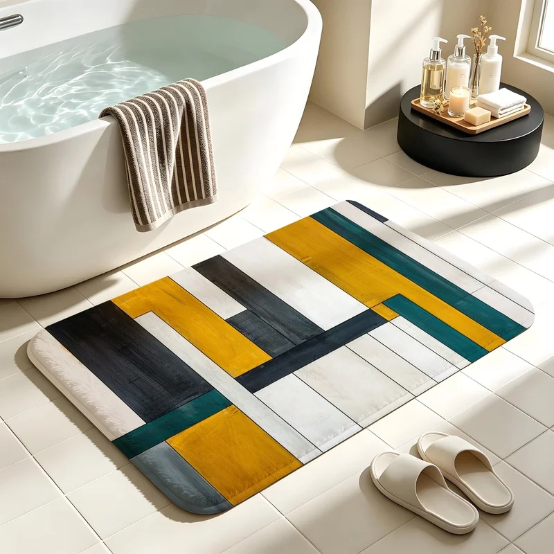 Geometric Color Block Wood Plank Door Mat TPR Non Slip Absorbent Bathroom Rug
