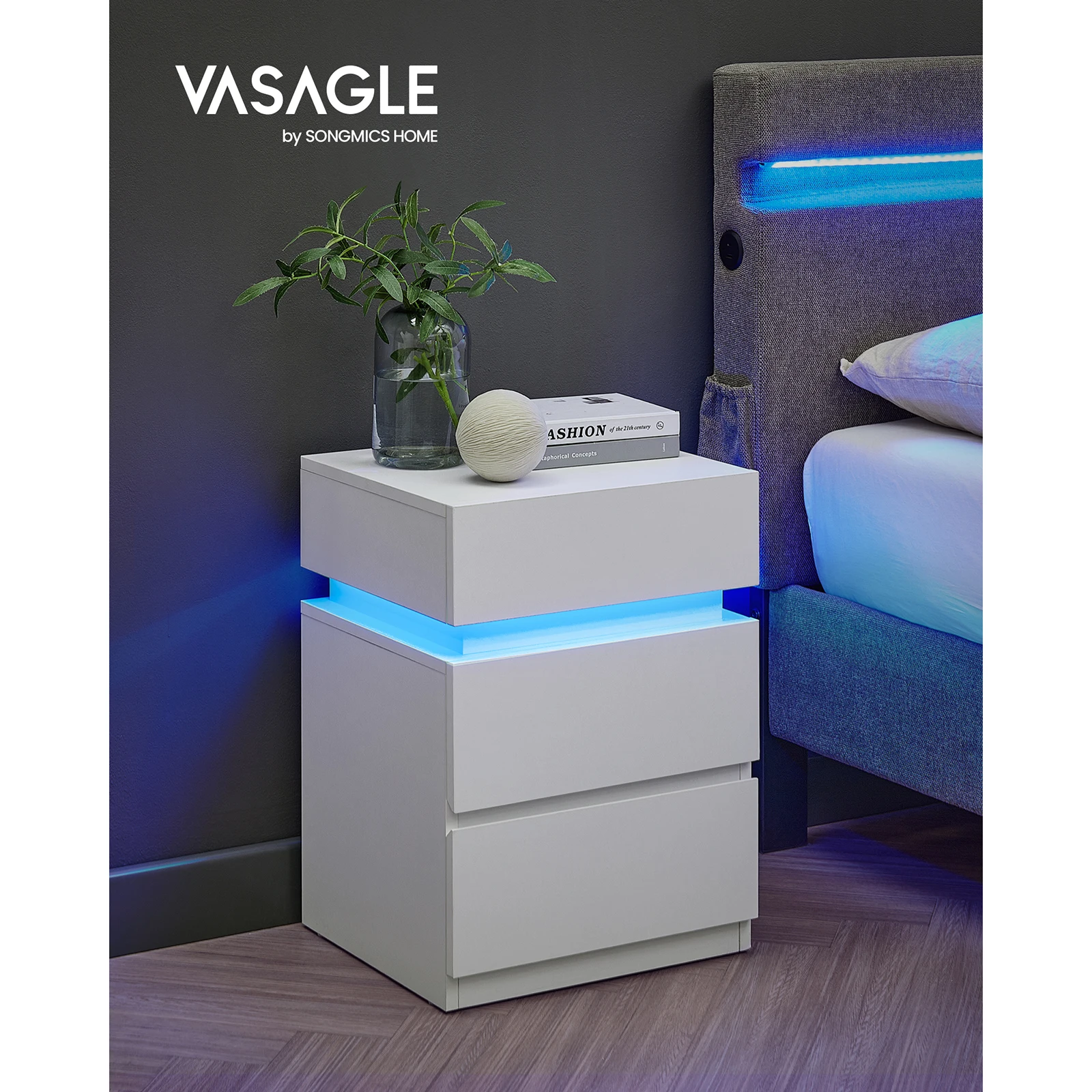 VASAGLE Bedside Table with Variable Multicolour LED Light Strip, 3 Drawers, Side Table, Modern Style, 35 x 40 x 55 cm, White