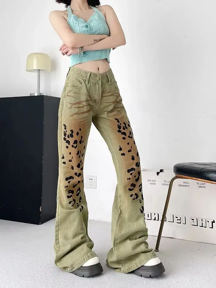 Mode Slanke Hoge Taille Vrouw Jeans Casual Gedragen Luipaard Patroon Rechte Broek Vrouwelijke Chic Y2k Amerikaanse High Street Vrouwen Jeans
