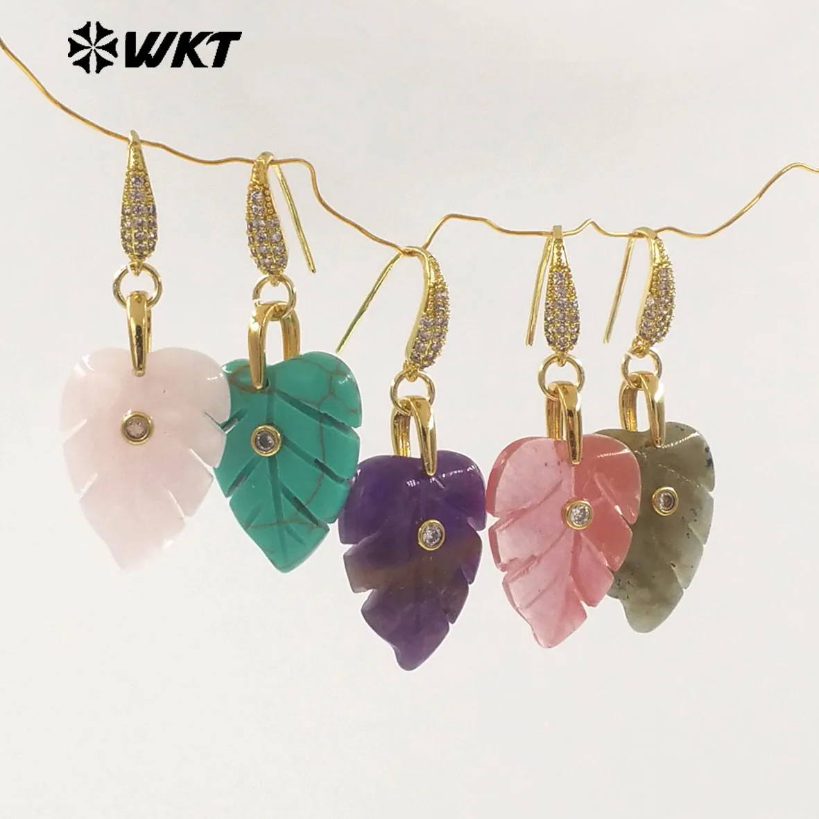 WT-E829 Wholesale Popular Zircon And Colorful Natural Gemstones Carved Leaf Shape Gold Earrings For Women Lovely Jewelry