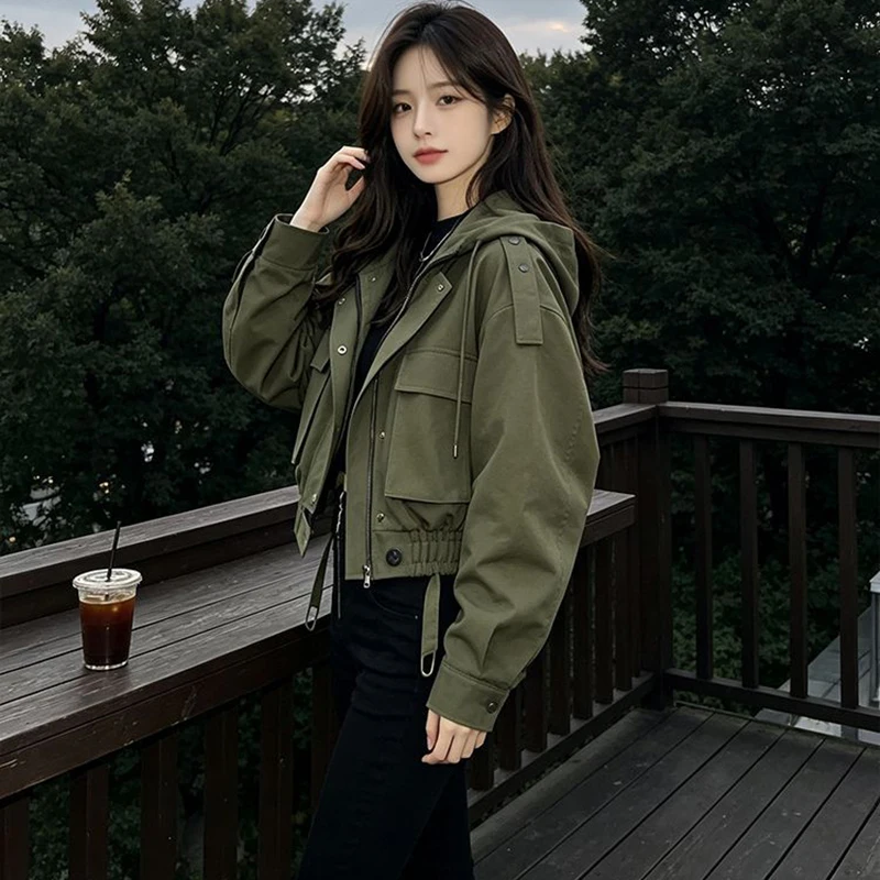 Hooded Cargo Crop Jacket Women Drawstring Elastic Hem Multi‑Pocket Elastic Waist Y2K Cropped Street Loose Streetwear Outerwea
