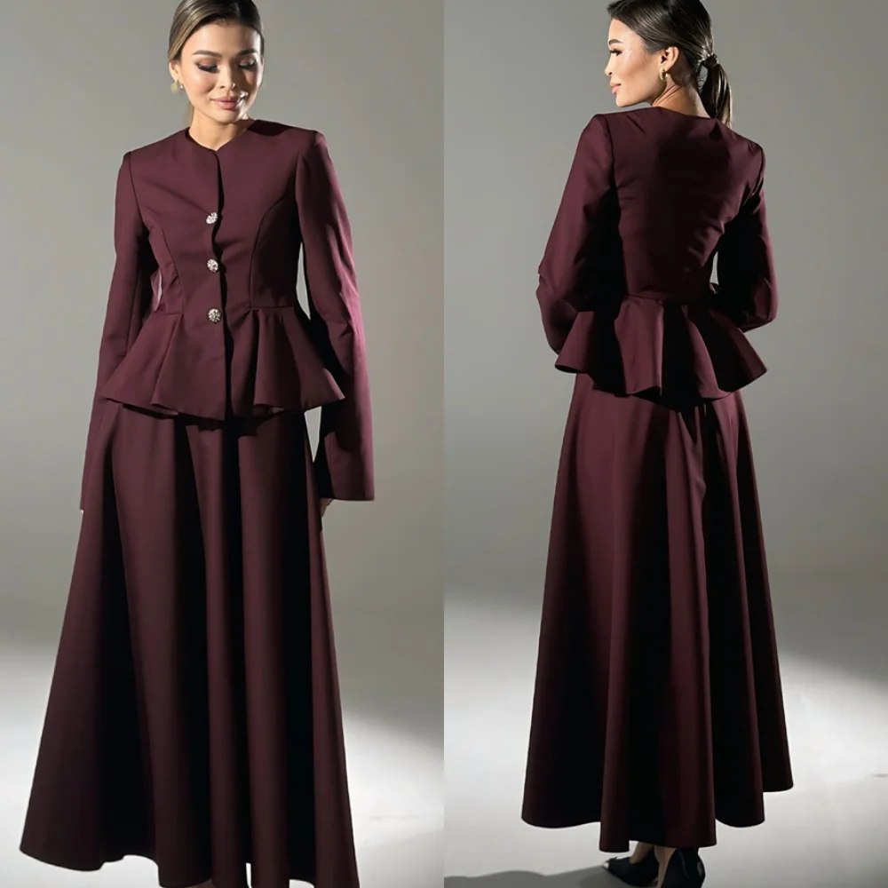 

Customized High Quality Dark Purple Jersey Evening Dress Temperament Crew Neck Long Sleeves Buttons Special Occasion Gowns