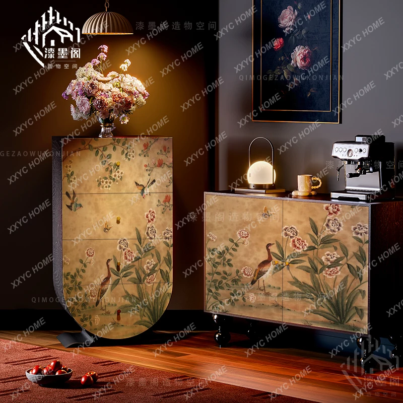 Chinese Style Flower and Bird Lacquer Painting Four-Drawer Cabinet Solid Wood Entryway Living Room Integrated Storage Cabinet