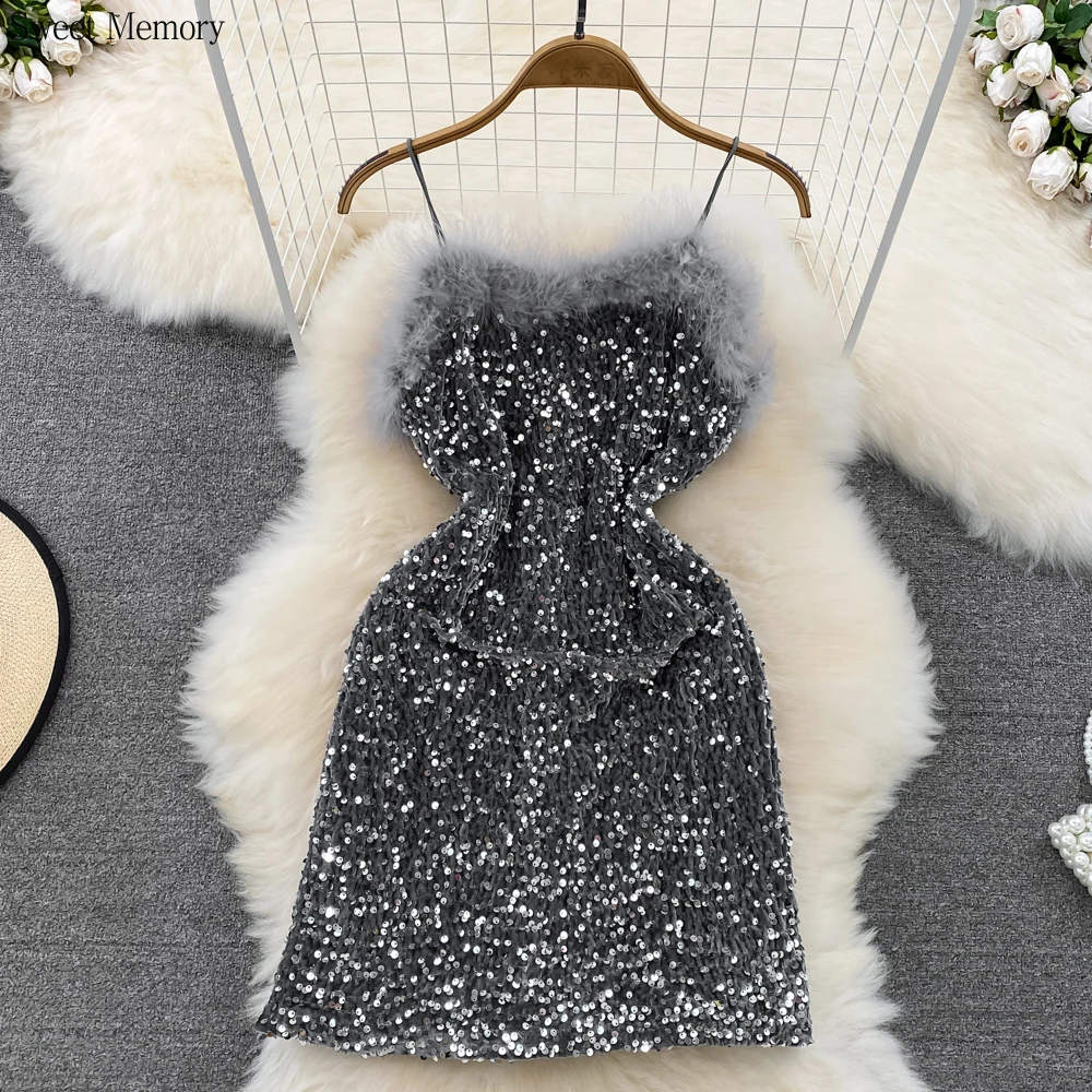 F253 Nightclub Sexy Black Grey Cocktail Dress Fur Stitching Glittering Sequin Wrap Hip Dress Women Girl Short Gown