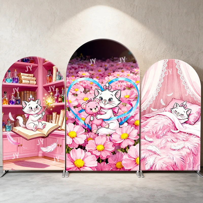 

Marie Cat Arch Backdrop Cover Magic Teddy Flower Bed Scene Cartoon Theme Kids Birthday Baby Shower Photo Booth Decor Background
