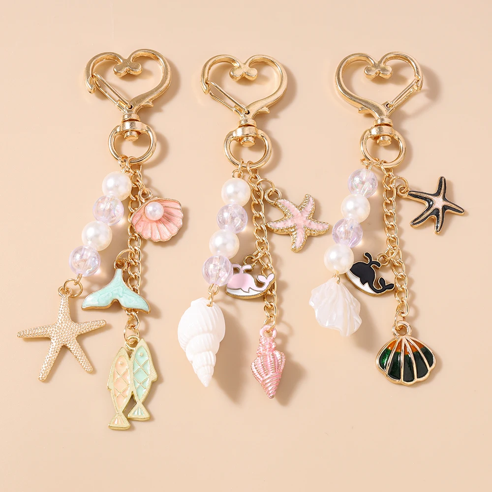 Fashion Marine Life Shell Conch Starfish Keychain Women Girls Pearl Key Ring Pendant for Handbag Decor DIY Key Chain Gifts