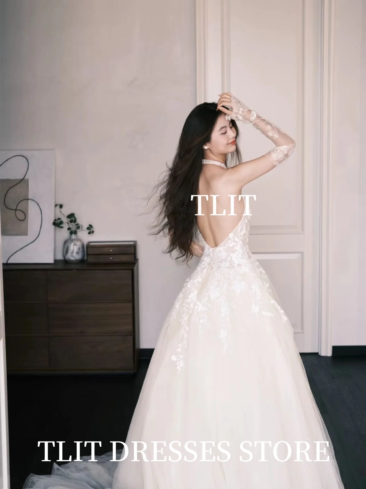 TLIT 2025 فستان زفاف أنيق من الدانتيل العاجي رسن تول بدون أكمام زي العرائس فستان زفاف كوري لالتقاط الصور حسب الطلب