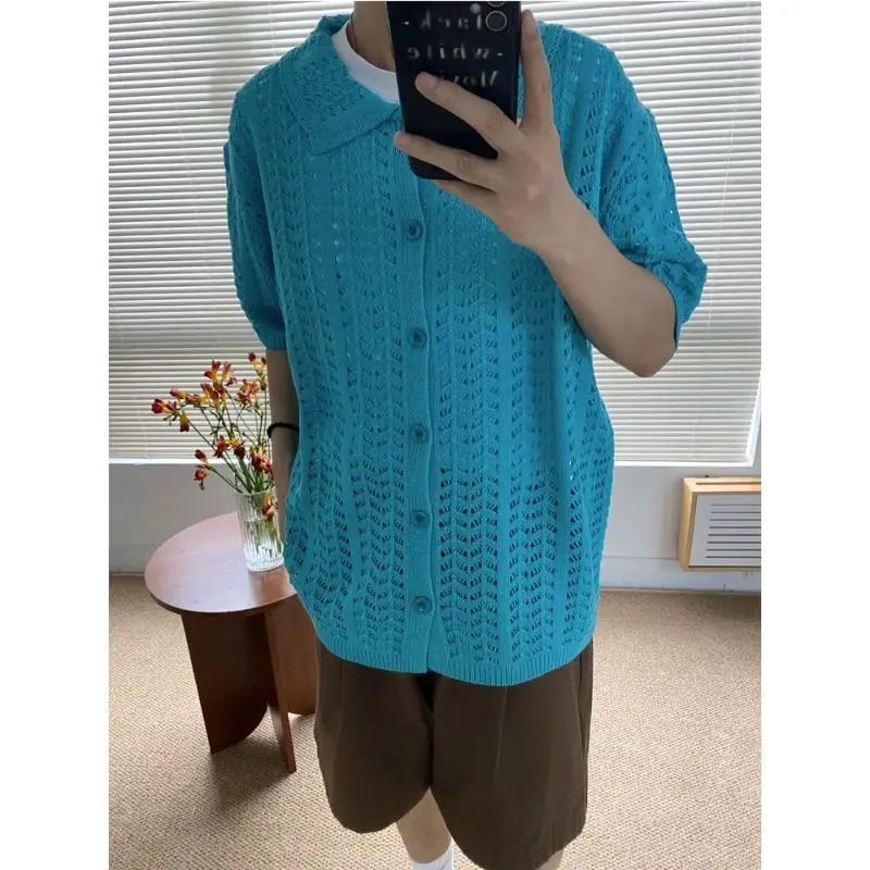 Summer New Arrival Retro Niche Hollow Knitted Shirts for Men and Women Lapel Buttons Loose Casual Short Sleeve Hawaiian Shirt