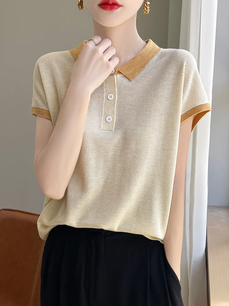 

Anti-Aging Small Collar Knitted Short Sleeve Women's Summer Fashion Color Block Neck Rylee And Cru Top