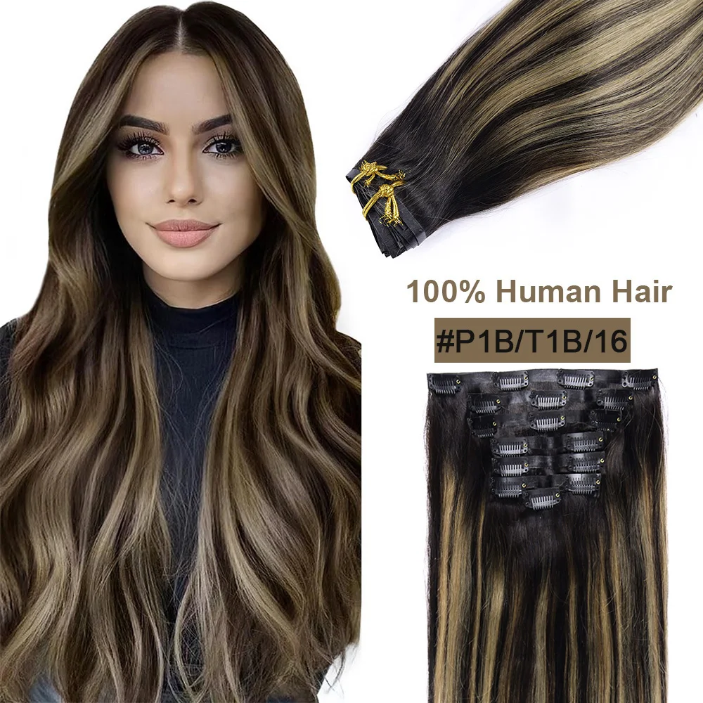 PU Clip In Hair Extensions 100% Real Hair Invisible Seamless PU Skin Weft Clip In Human Hair Extensions Full Head For Women 120g