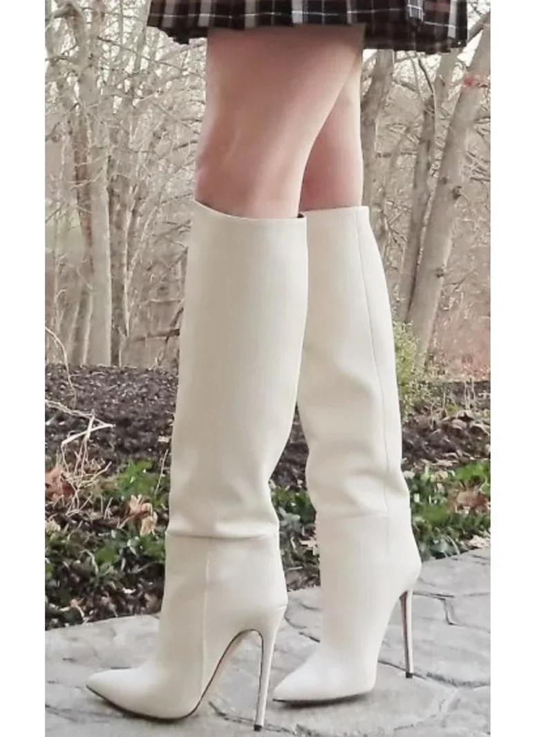 

White Elegant Women's Boots Pointy Toe Shoes Real Leather Splicing Long Boots Thin High Heels Botas Femininas 2022 Autumn Boots
