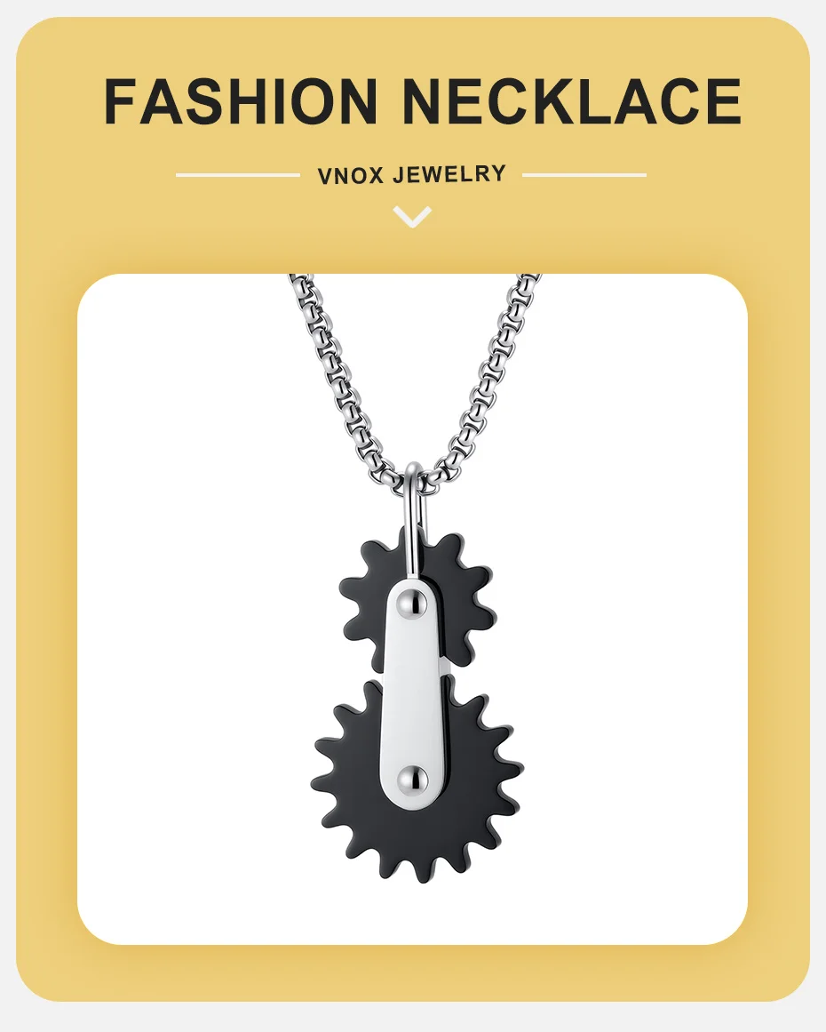 Vnox Drehbare Zahnrad-Anhänger-Halskette für Männer, Edelstahl-Kastenkette in Schwarz und Silber, Punk-Biker-Mechanik-Schmuck, Geschenk – Detail 1