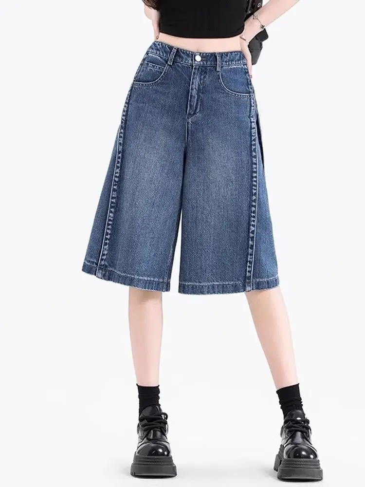 2026 NEW High Waist Five-Quarter Thin Denim Shorts Women's Summer Wide Leg Loose Fit Jeans  Material Blue Color Adult Size