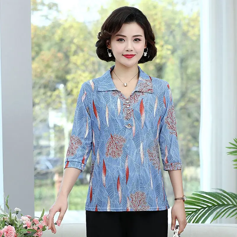 2023 Women's Clothing Three Quarter Sleeve Printing Pullovers Casual Loose Turn-down Collar Straight Simplicity Elegant T-Shirts