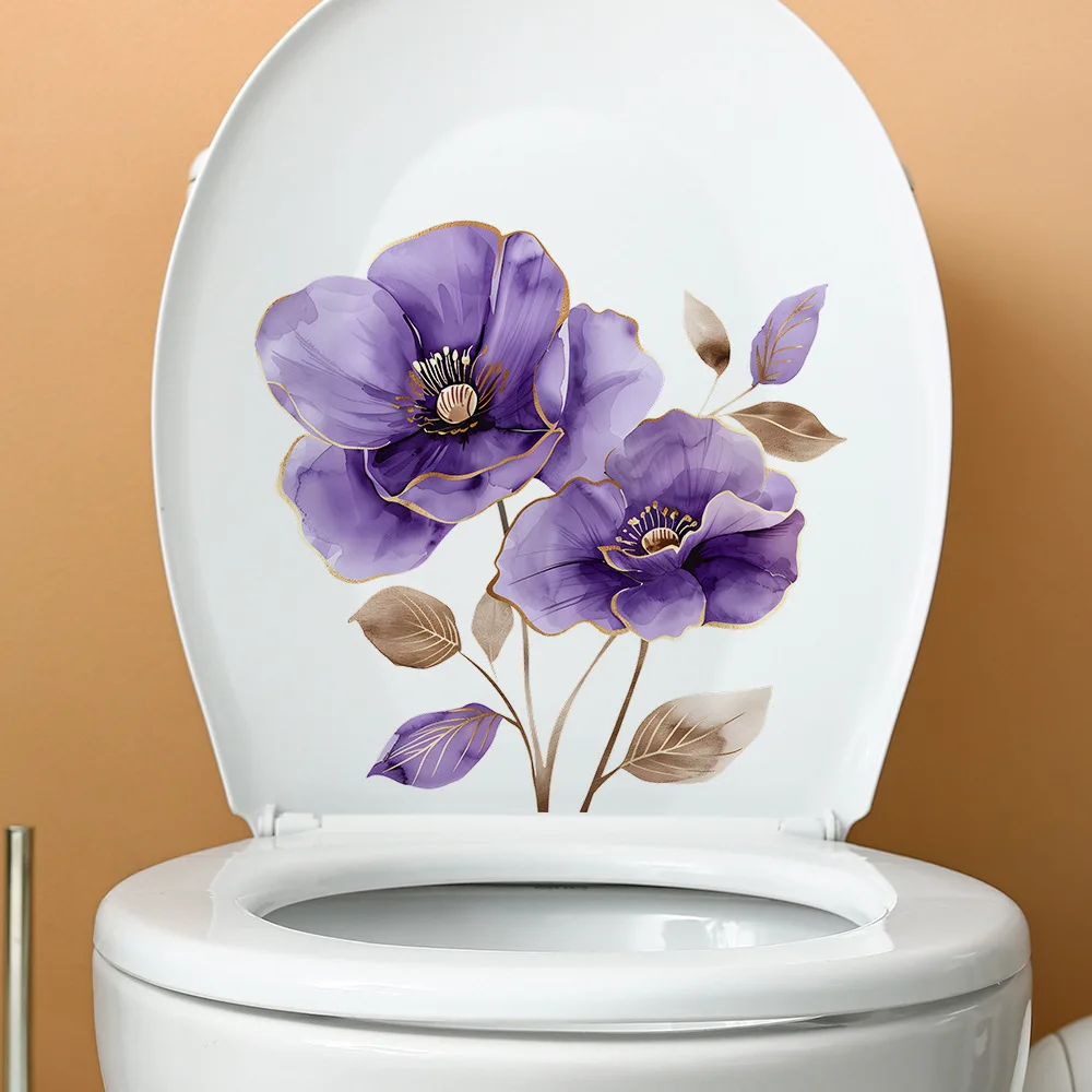 Purple Flowers Decorative WC Toilet Cover Wall Sticker For Toilet Decoration Bathroom Decoration Adhesive Wallpaper Wall Decor