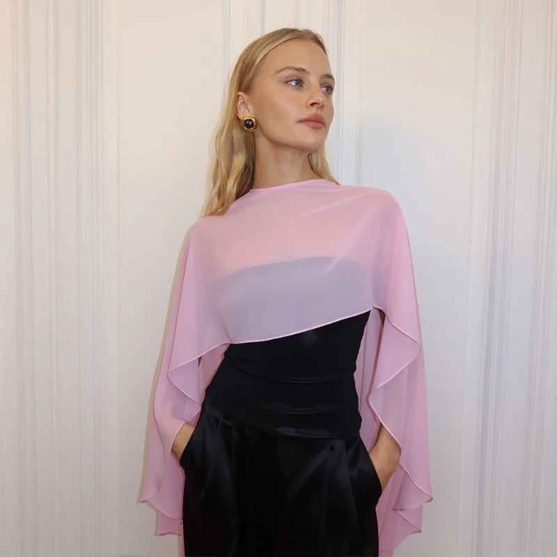 

2026 Spring New Solid Color Gentle Wind Translucent Wave Irregular Cape Style Shawl for Women