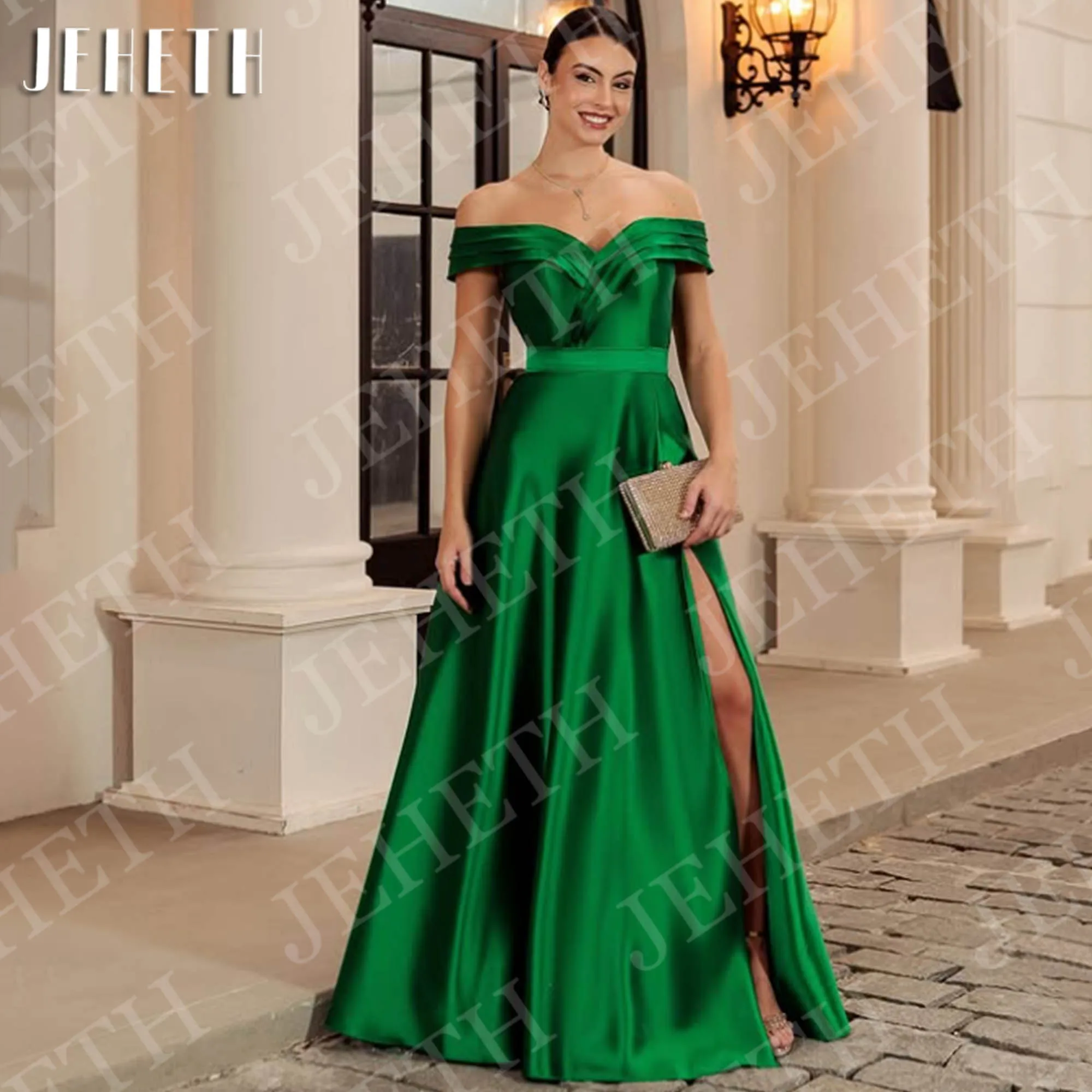 

JEHETH Simple Evening Dresses Satin Pleat Prom Dress Elegant vestidos de fiesta Off Shoulder Green Slit Party Gown Customized