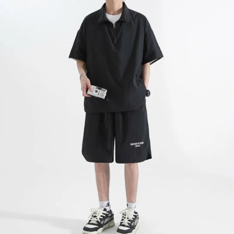 

Мужской летний повседневный спортивный костюм-двойка: поло с воротником, из ледяного шелка, свободный крой, короткий рукав, шорты, быстросохнущий, тонкий